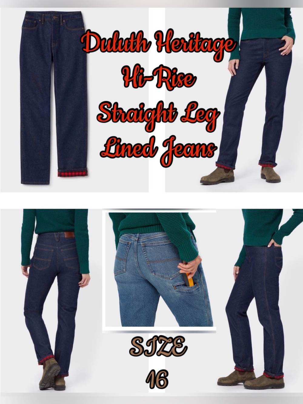 Women's Duluth Heritage Hi-Rise
Lined Straight Leg Jeans Size 16